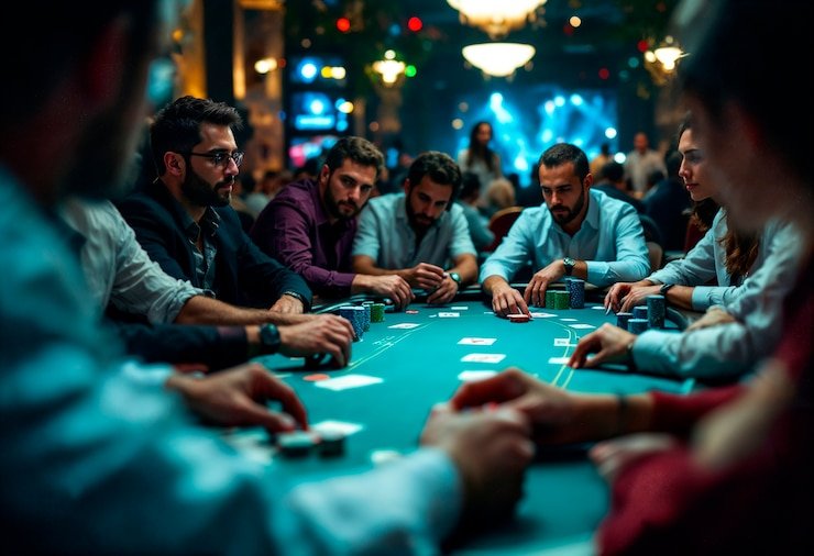 Meja Casino Hold'em live di viewfinder dengan dealer, pemain, dan komunitas kartu yang terlihat dalam siaran multi-kamera